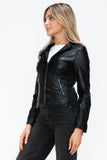 Snobbish Faux Leather Zip Up Drawstring Hooded Jacket 