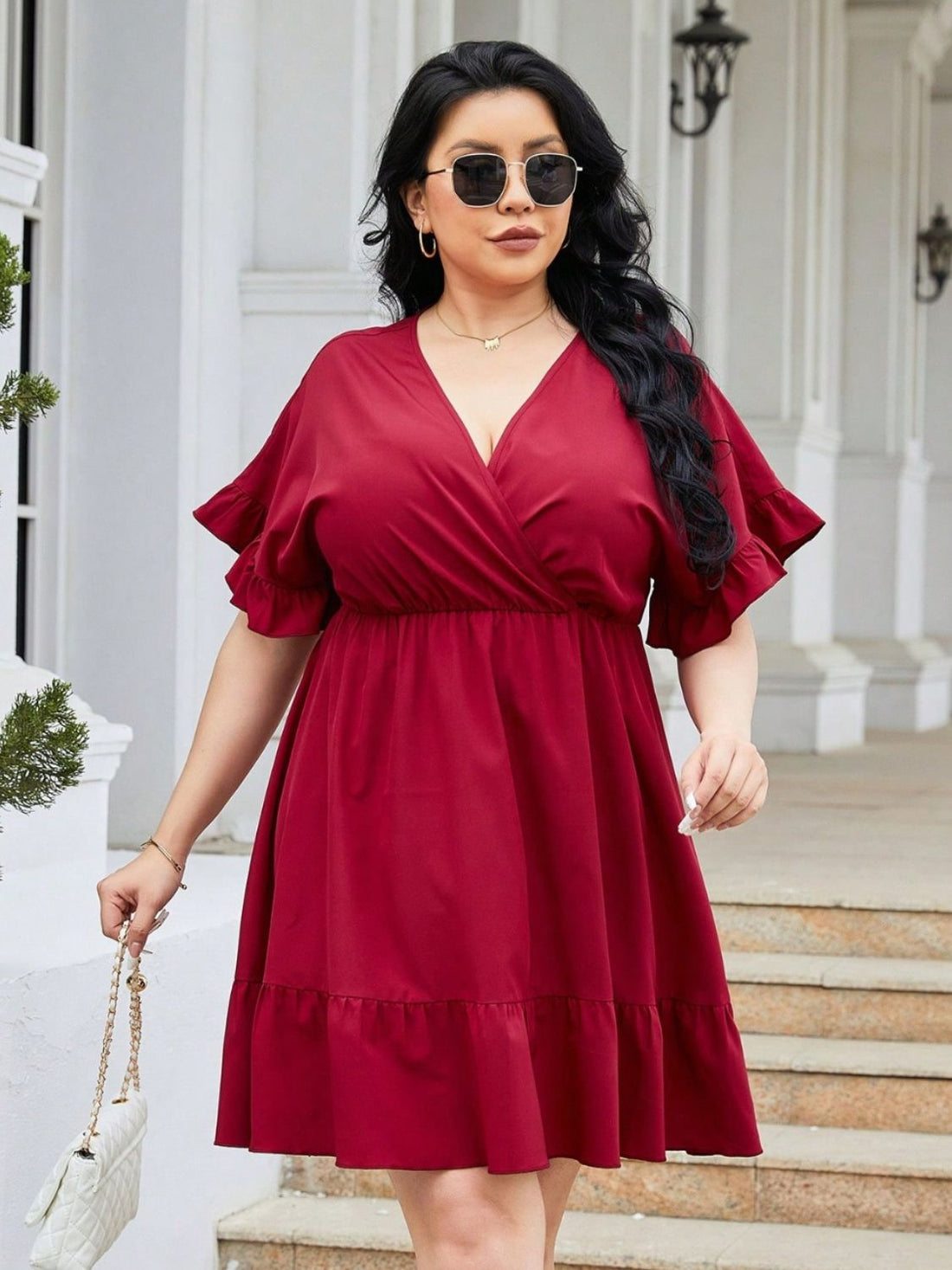 Plus Size Ruched Surplice Flounce Sleeve Mini Dress 