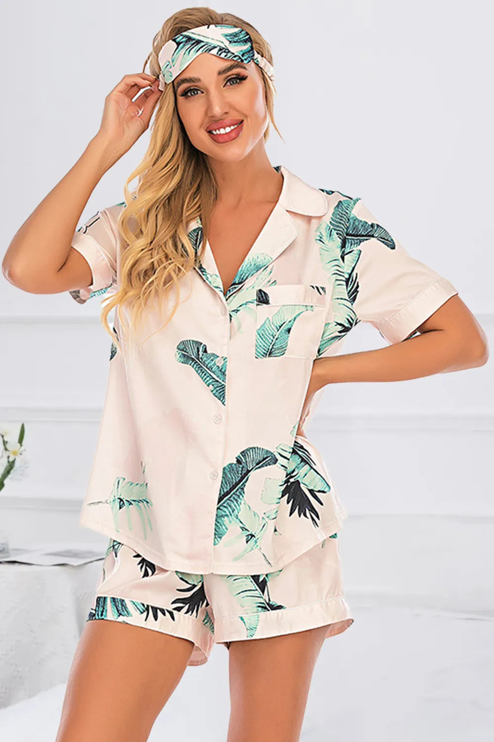 Printed Button Up Short Sleeve Top and Shorts Lounge Set Lingerie & Nightwear