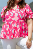 Plus Size Ruffled Printed Notched Short Sleeve Blouse 