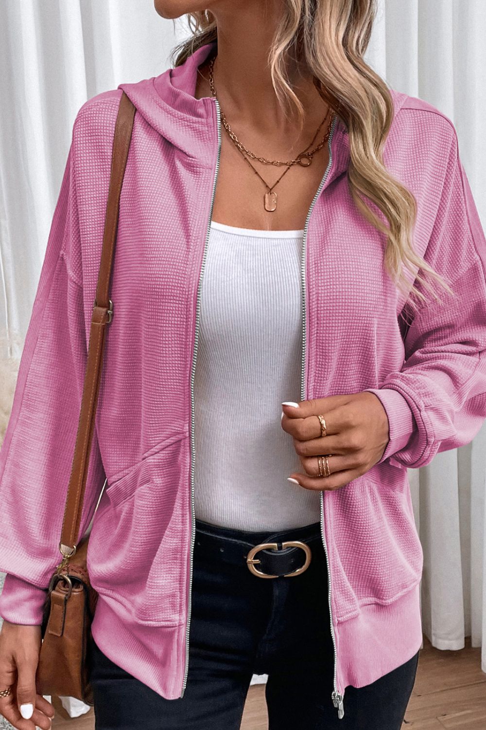 Waffle-Knit Pocketed Zip Up Hooded Jacket 