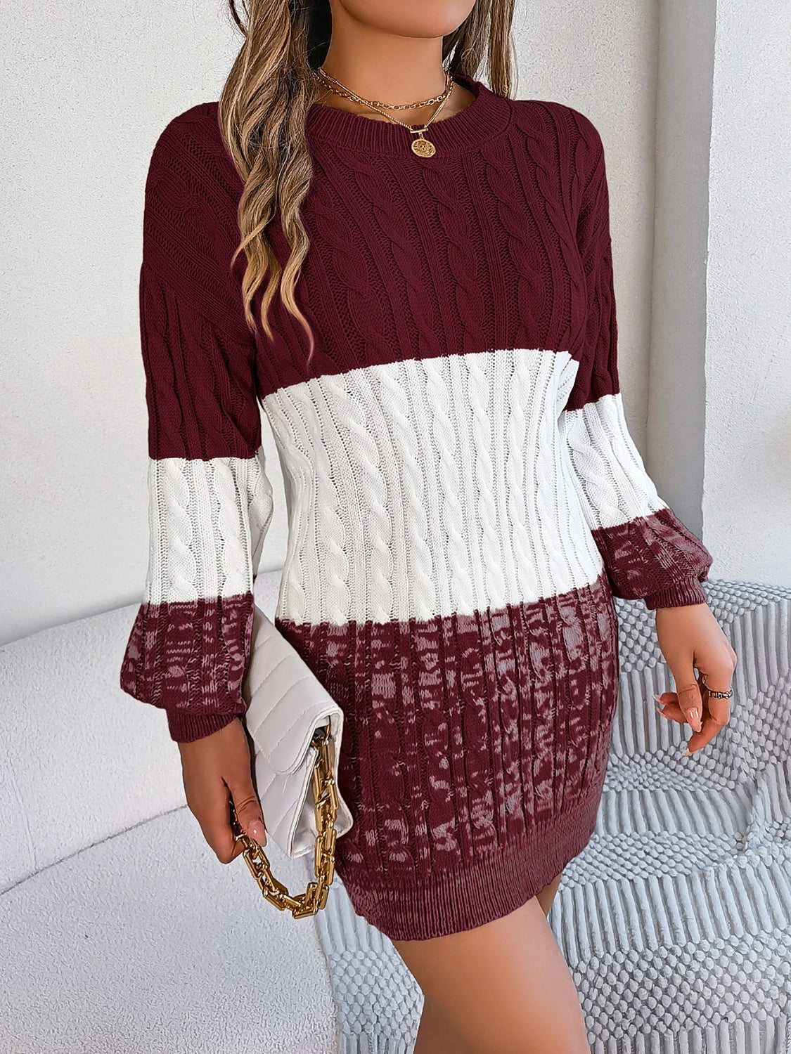 Cable-Knit Round Neck Color Block Sweater Dress 