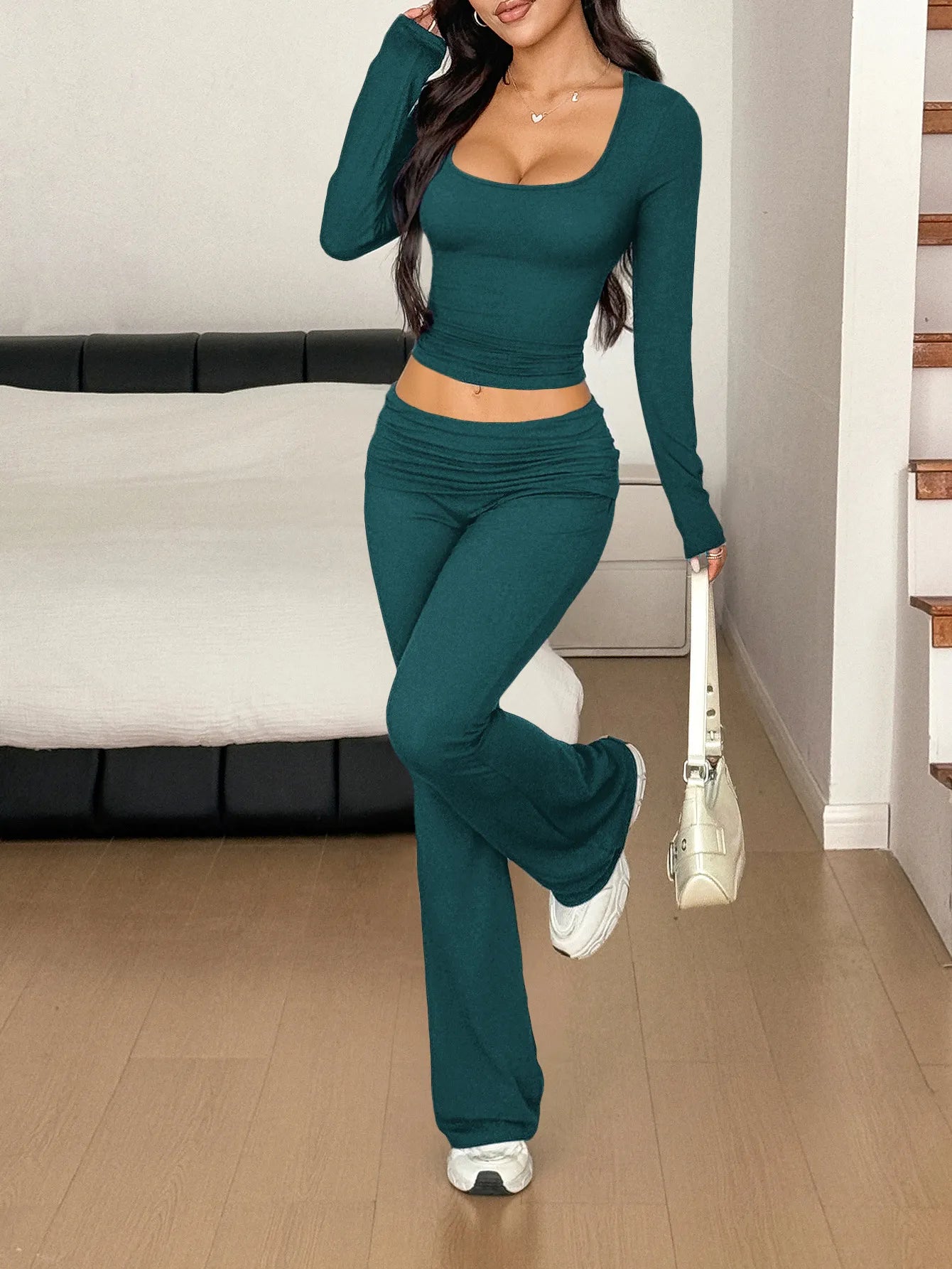 Long Sleeve Crop Top and Bootcut Pants Set Two Piece Dresses