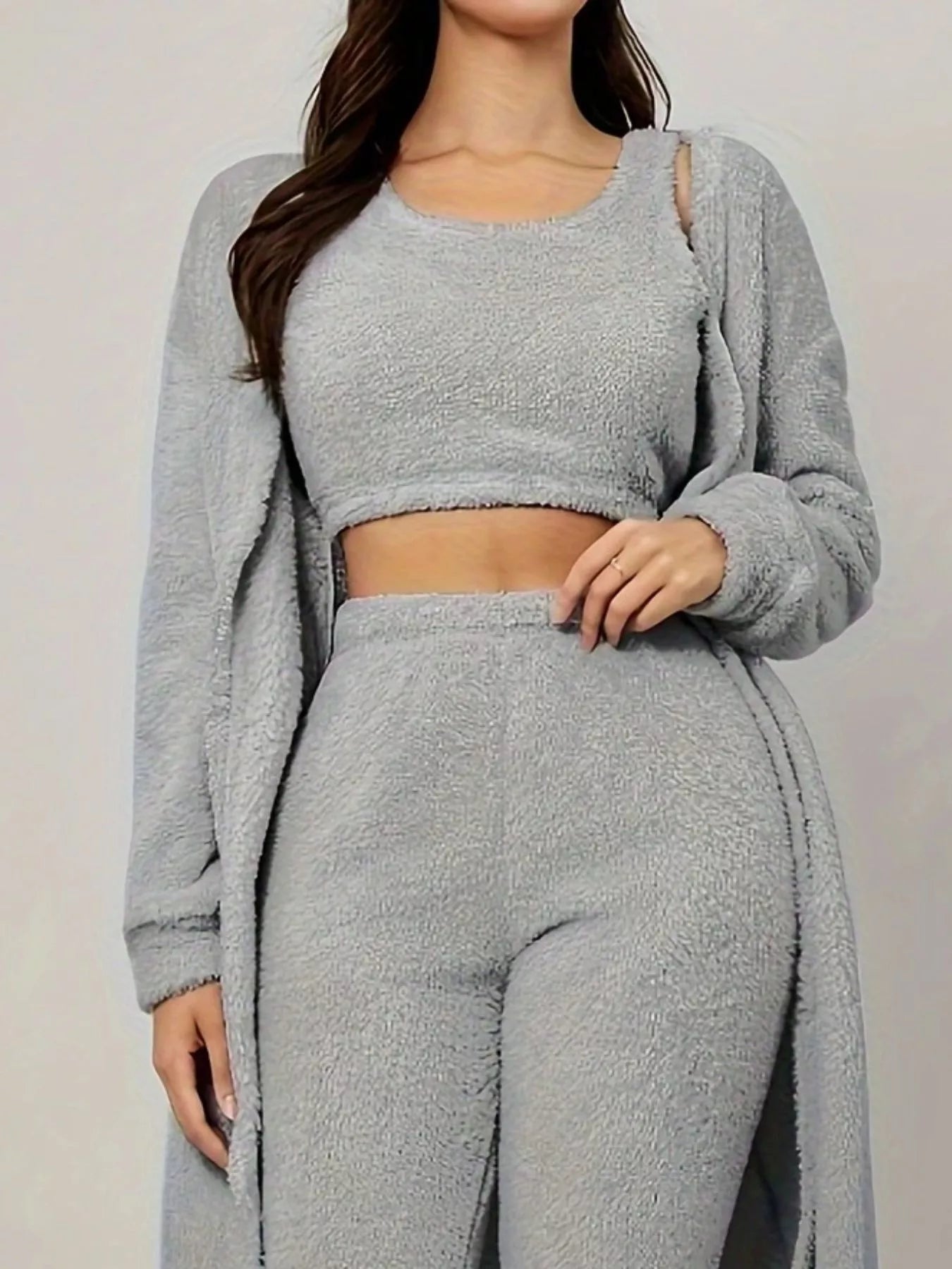 Fuzzy Tank Long Sleeve Cardigan and Pants 3-Piece Lounge Set Lingerie & Nightwear