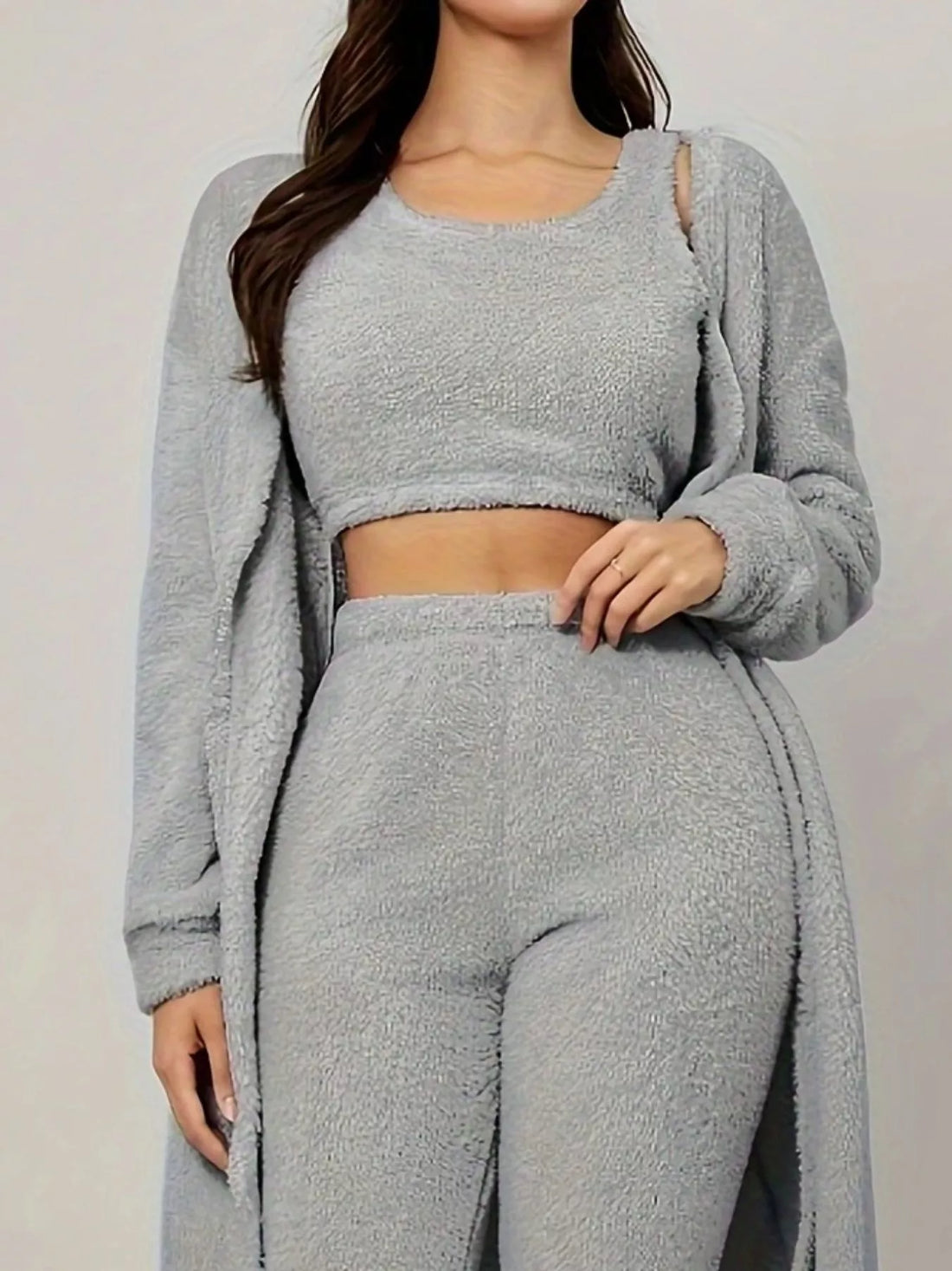 Fuzzy Tank Long Sleeve Cardigan and Pants 3-Piece Lounge Set Lingerie & Nightwear