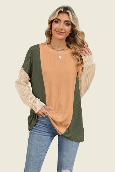 Double Take Texture Contrast Round Neck Long Sleeve T-Shirt 