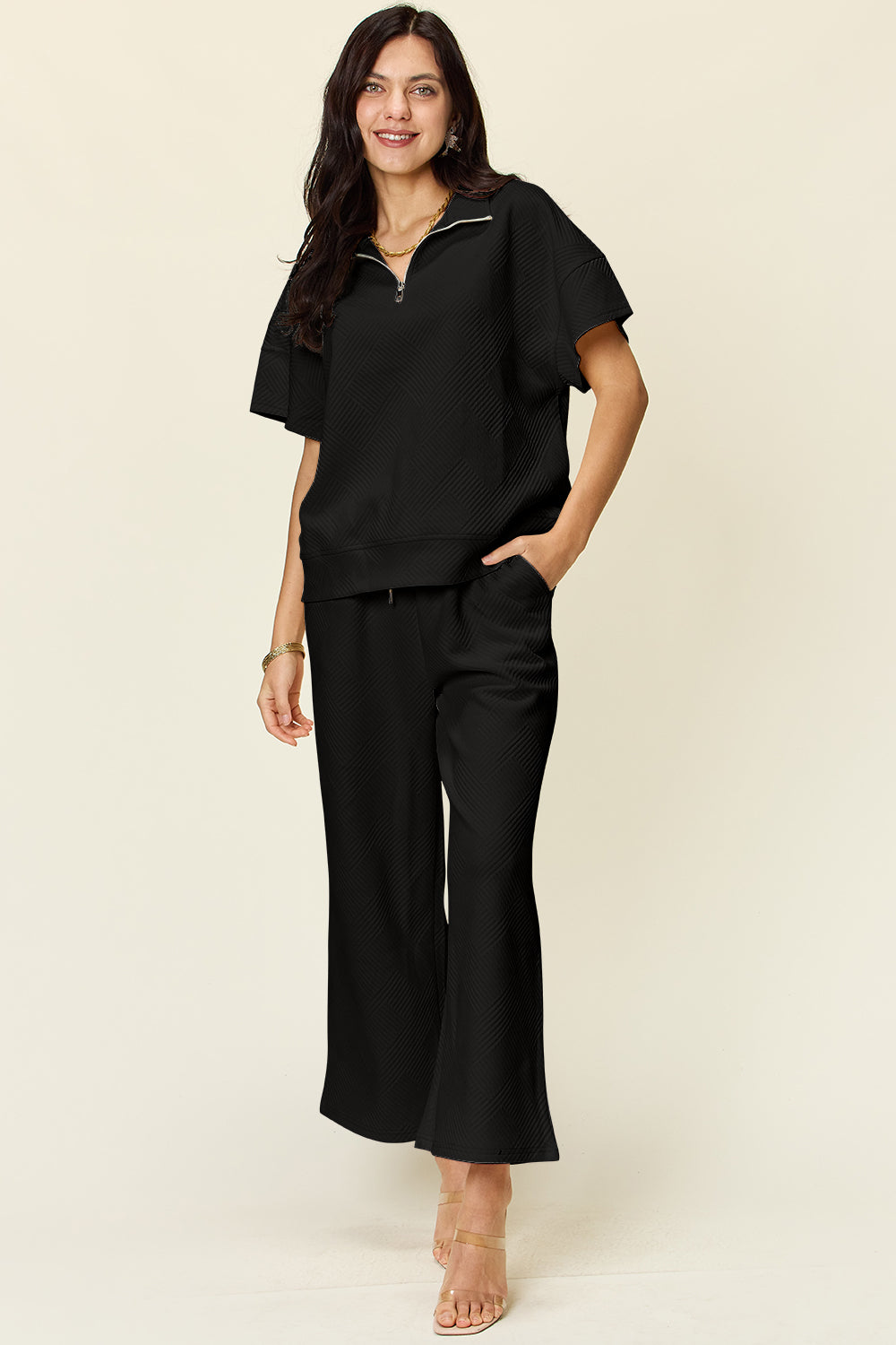 Double Take Full Size Texture Half Zip Short Sleeve Top and Pants Set 