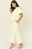 Double Take Full Size Texture Half Zip Short Sleeve Top and Pants Set 