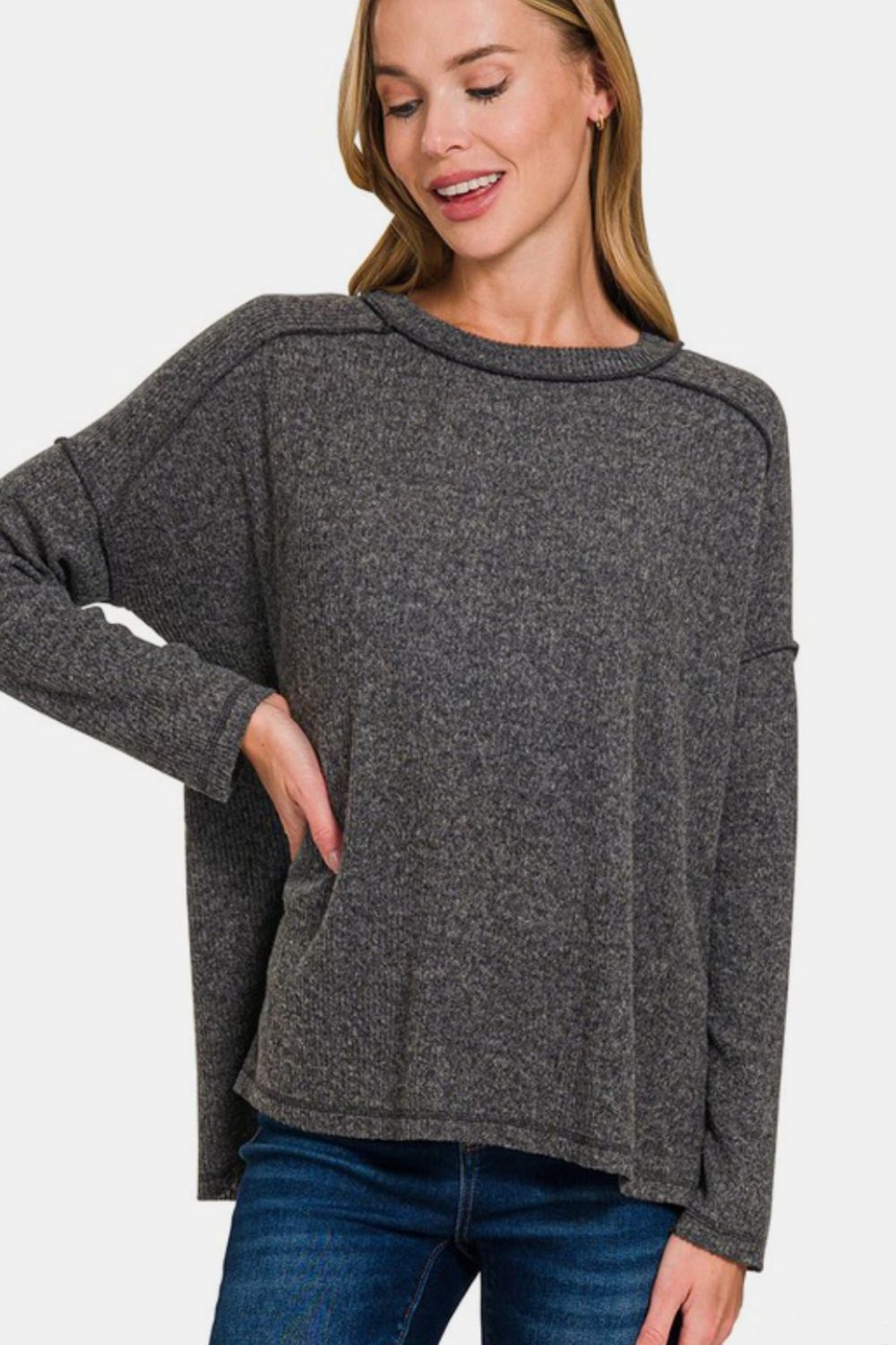 Zenana Full Size Exposed Seam Brushed Round Neck Sweater 