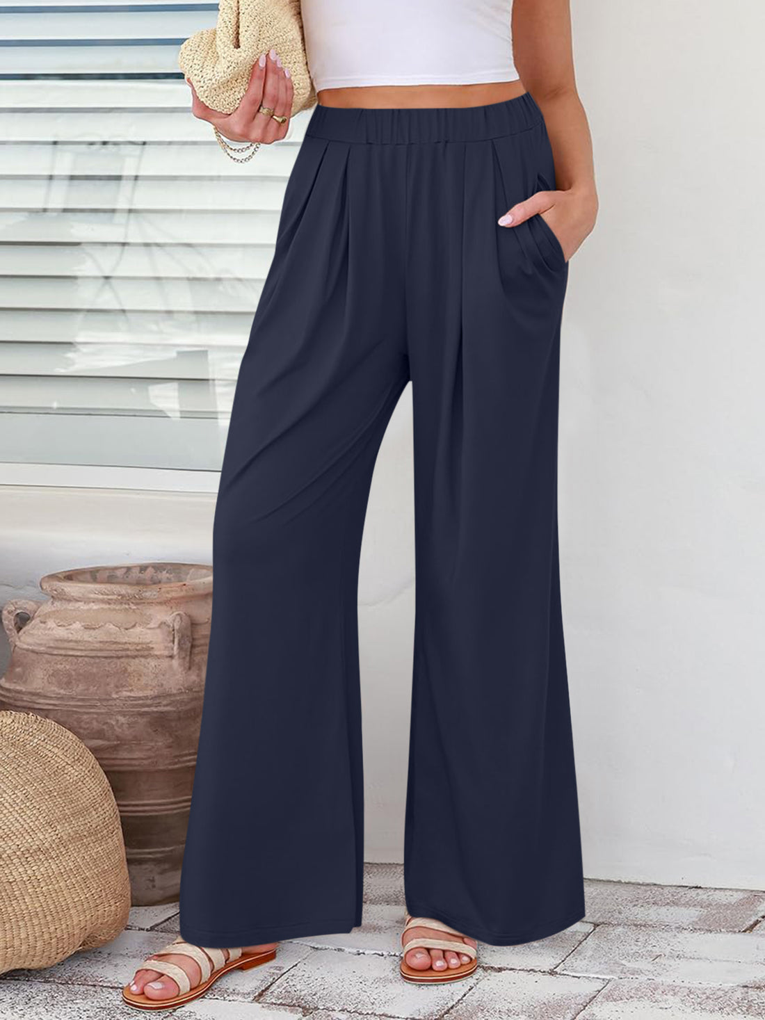 Elastic Waist Wide Leg Pants Pants