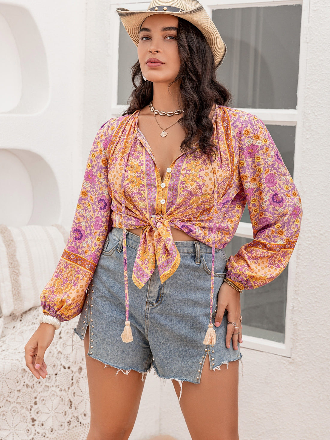 Plus Size Tie Neck Tassel Printed Blouse 