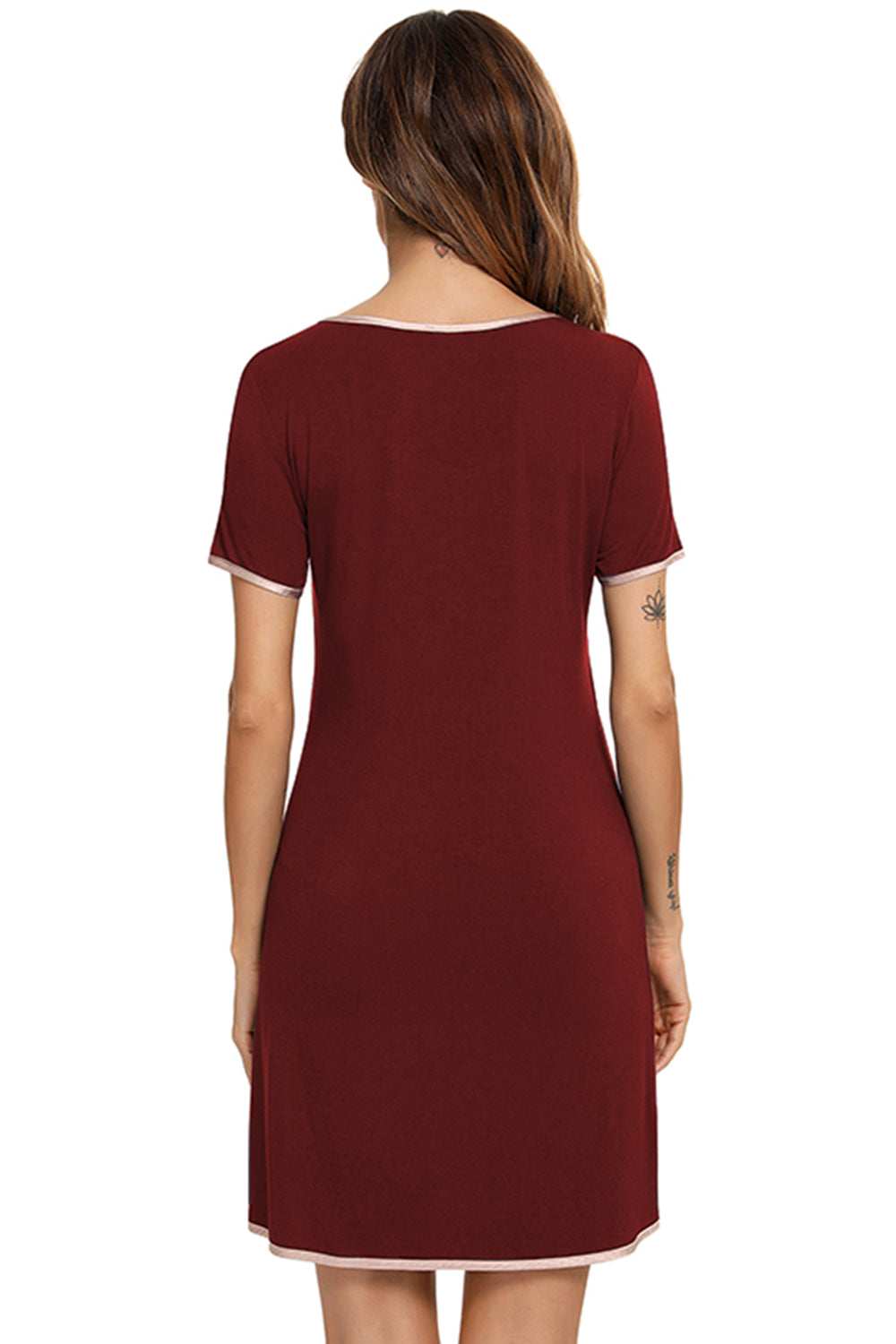 Contrast Trim Pocketed Round Neck Lounge Dress 