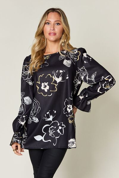 Double Take Full Size Printed Flounce Sleeve Blouse 