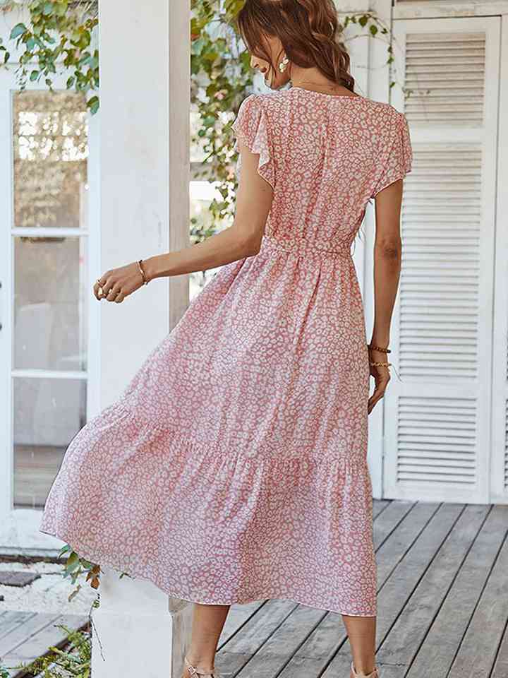 Leopard Surplice Neck Flutter Sleeve Dress Dresses