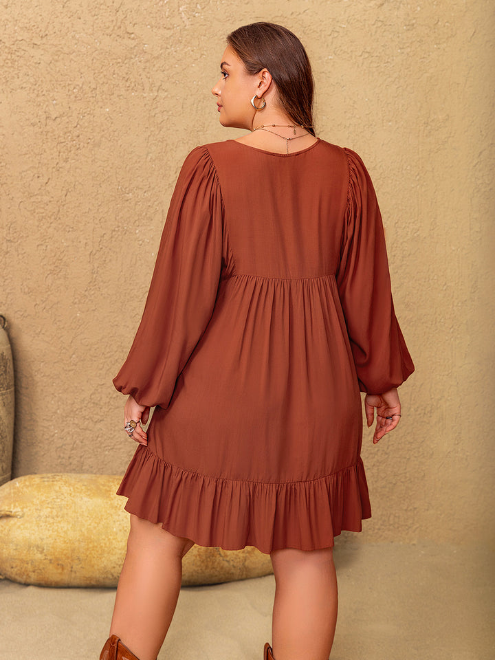 Plus Size Embroidered Tie Neck Balloon Sleeve Mini Dress 