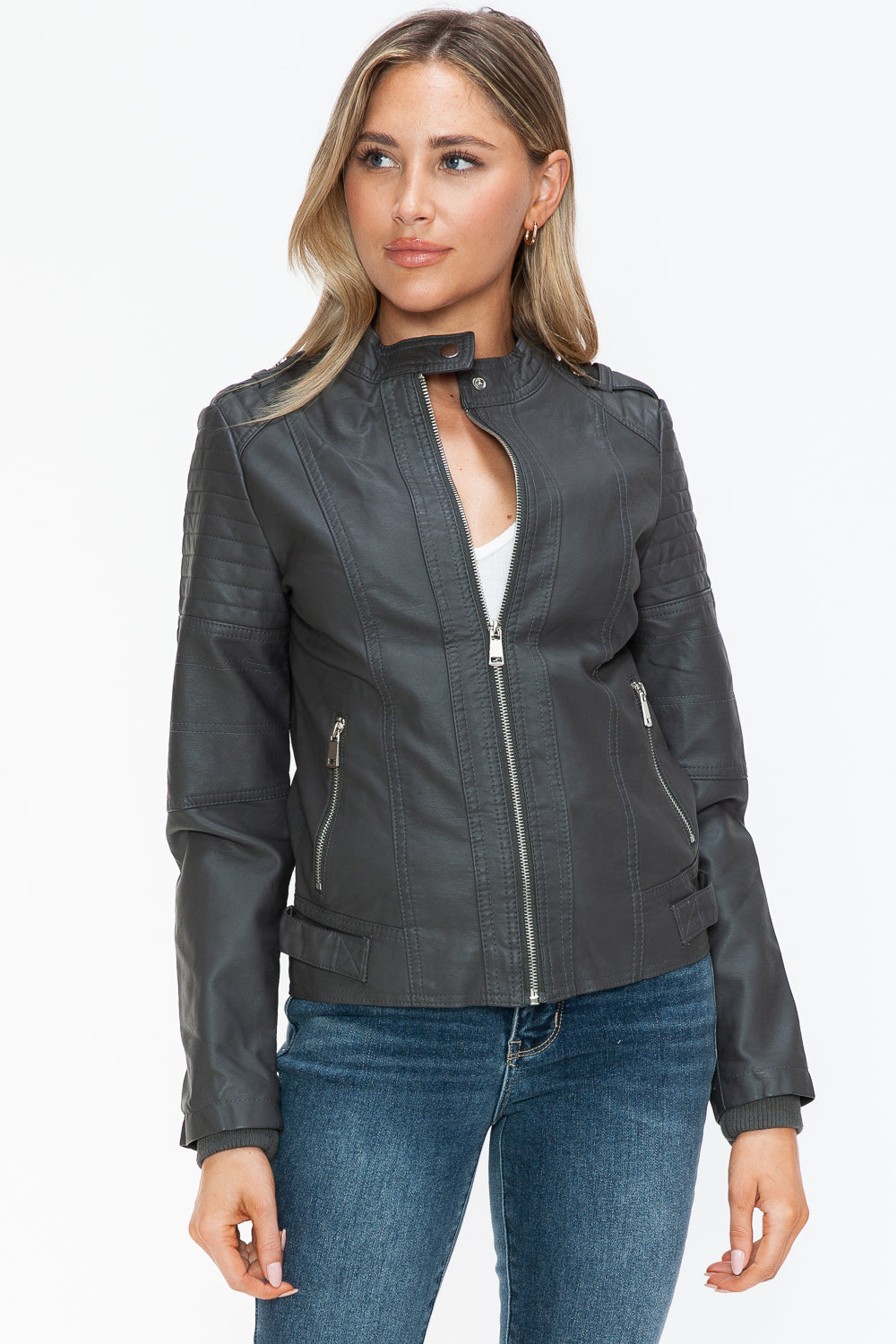 Snobbish PU Leather Biker Jacket with Side Zip Pockets 