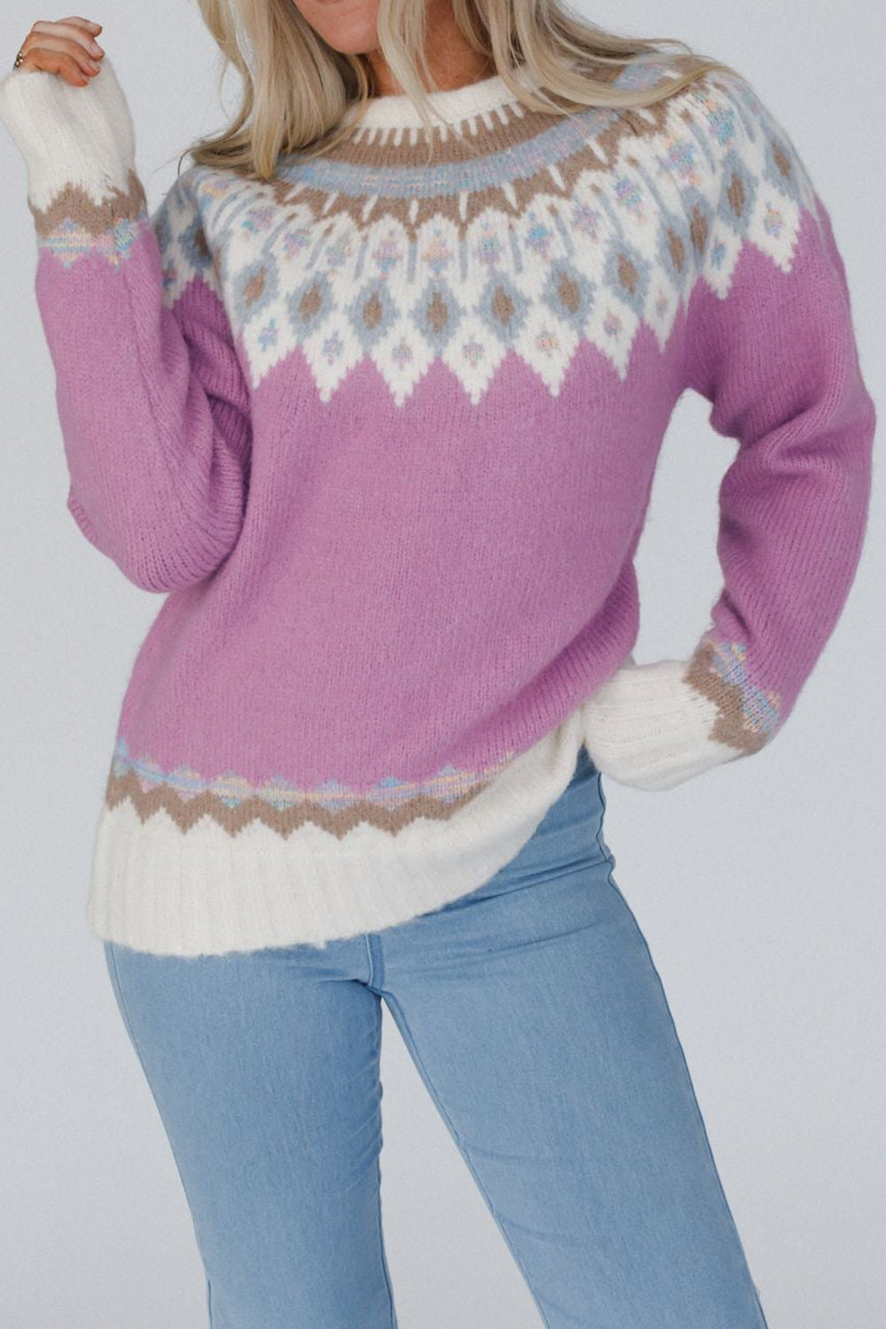 Geometric Round Neck Long Sleeve Sweater 