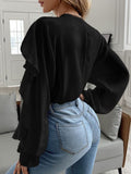 Full Size Ruffled V-Neck Button Down Flounce Sleeve Blouse 
