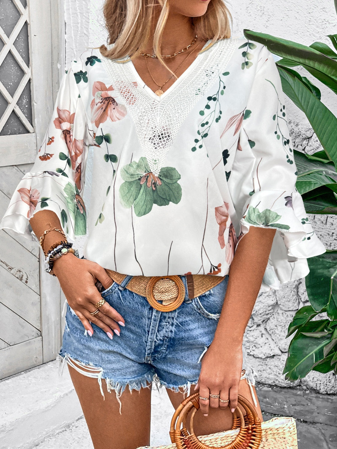 Honey Ruffled Printed V-Neck Half Sleeve Blouse 