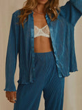 Collared Neck Long Sleeve Top and Pants Lounge Set Lingerie & Nightwear
