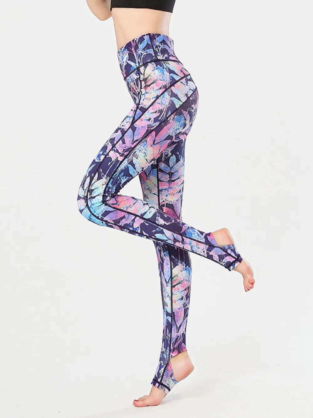 Printed Wide Waistband Active Leggings with Stirrups 