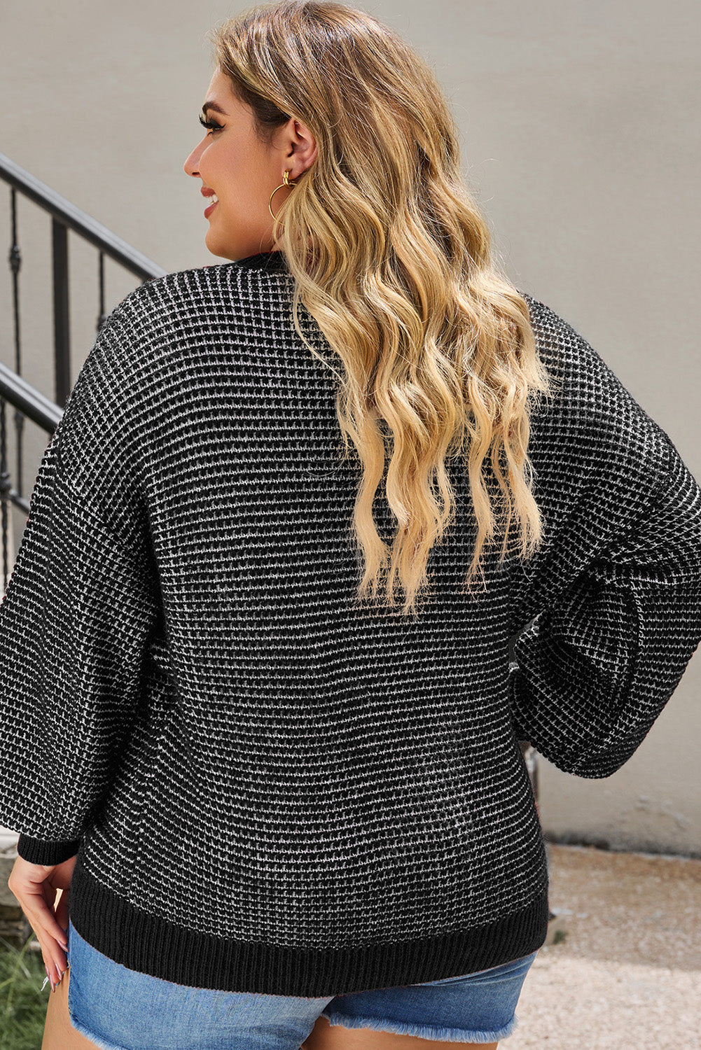 Plus Size Waffle-Knit Round Neck Dropped Shoulder Sweater 