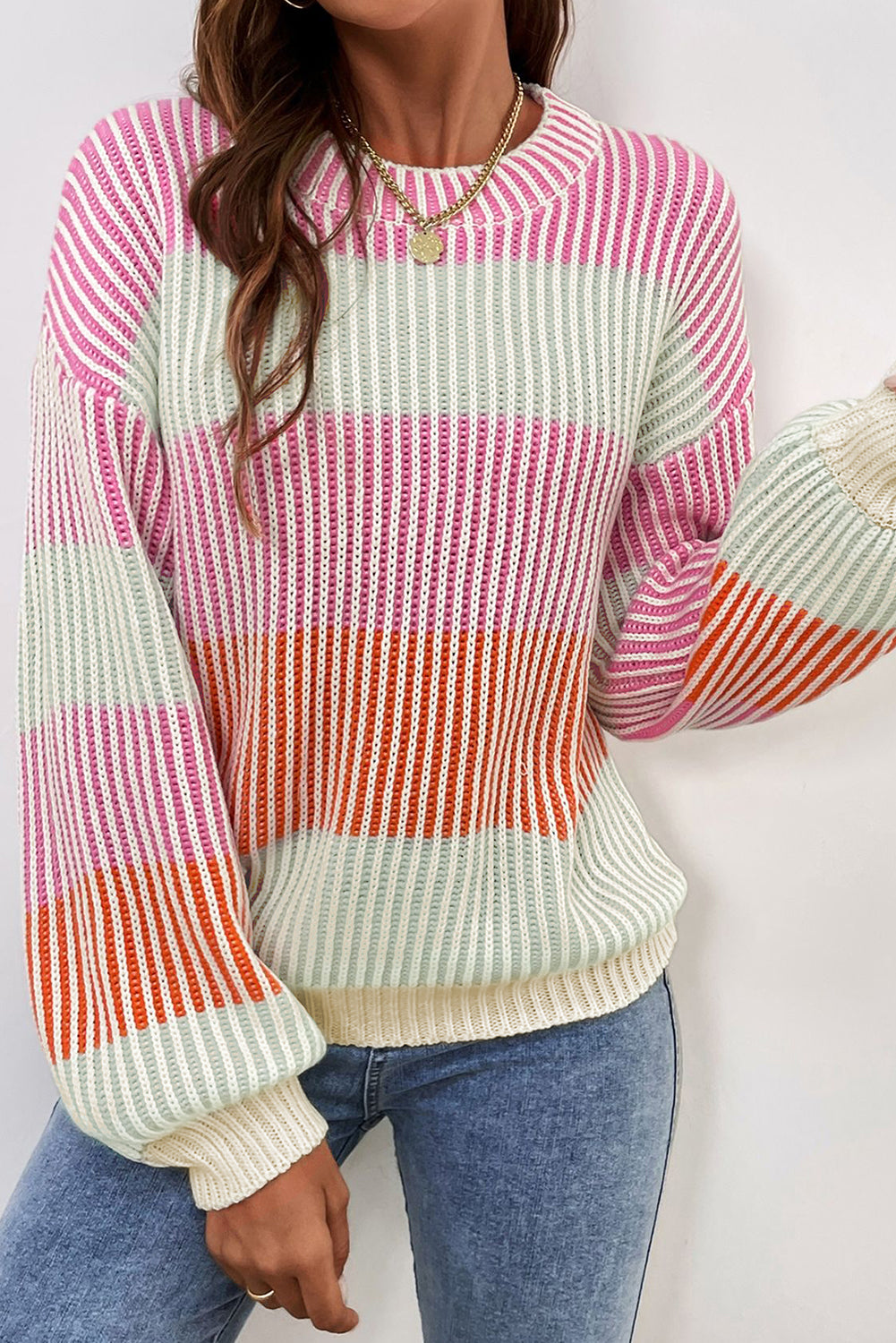 Pink Colorblock Textured Knit Bubble Sleeve Sweater Sweaters & Cardigans/Sweaters