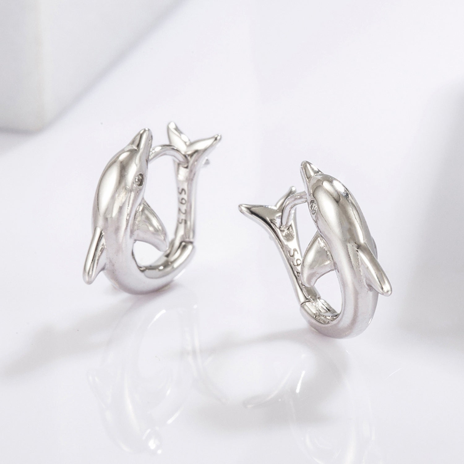 925 Sterling Silver Zircon Dolphin Earrings 