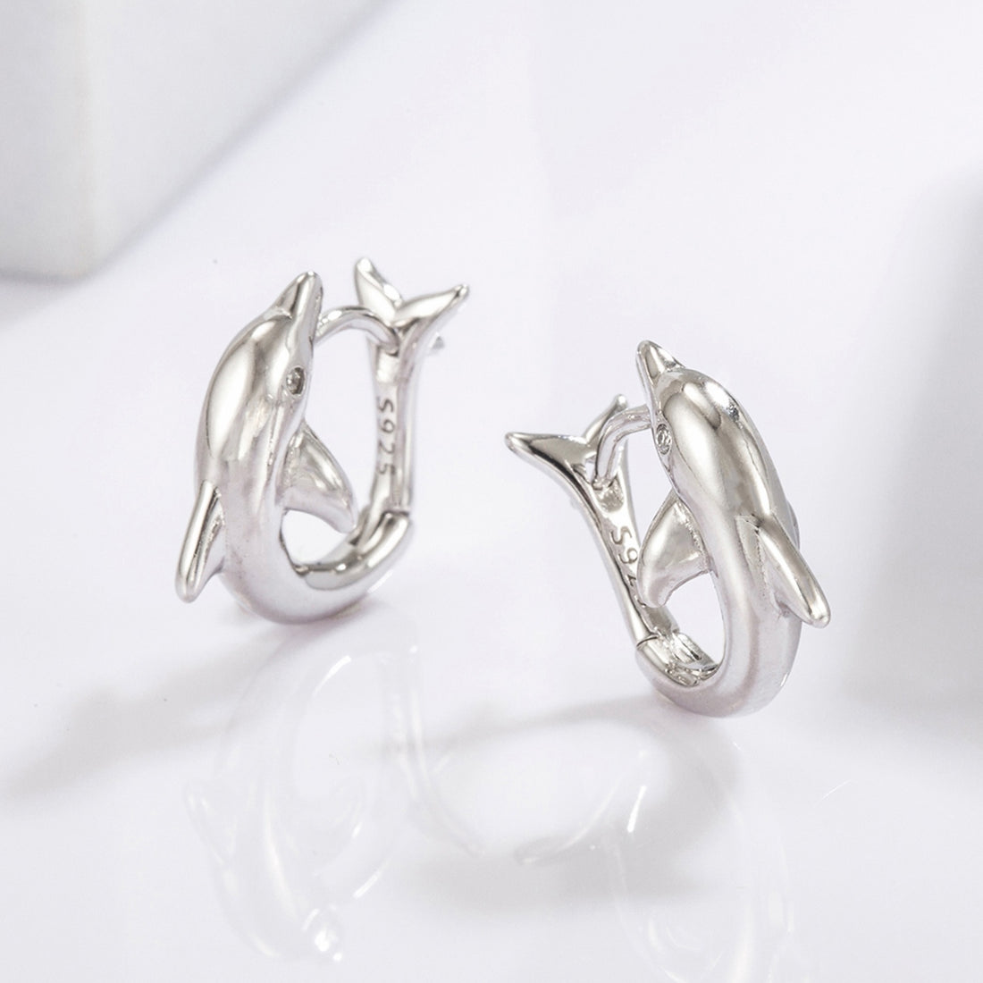 925 Sterling Silver Zircon Dolphin Earrings 