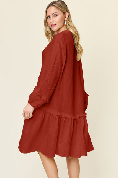 Double Take Full Size Texture Half Button Ruffle Trim Dress Dresses