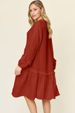 Double Take Full Size Texture Half Button Ruffle Trim Dress Dresses