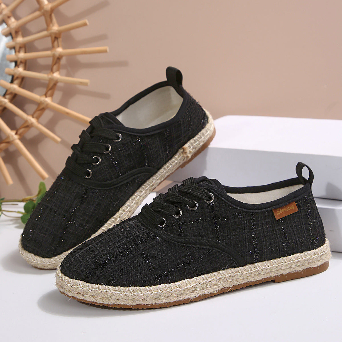 Lace Up Round Toe Flats Tweed Sneakers 