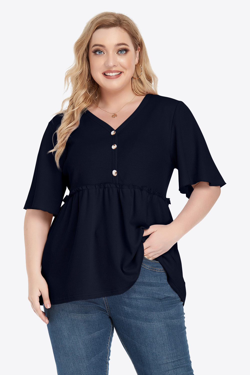 Plus Size Buttoned V-Neck Frill Trim Babydoll Blouse 