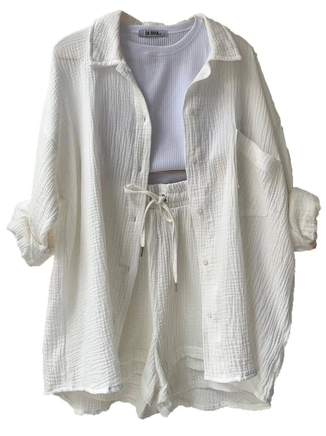 Textured Button Up Shirt and Shorts Set Two Piece Dresses