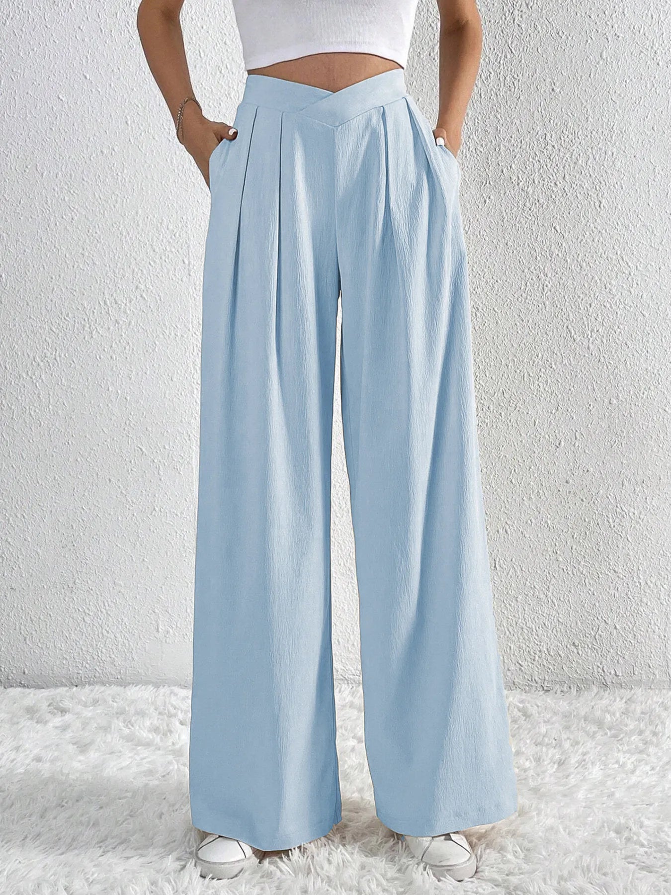 V-Waisted Ruched Front Wide Leg Pants 