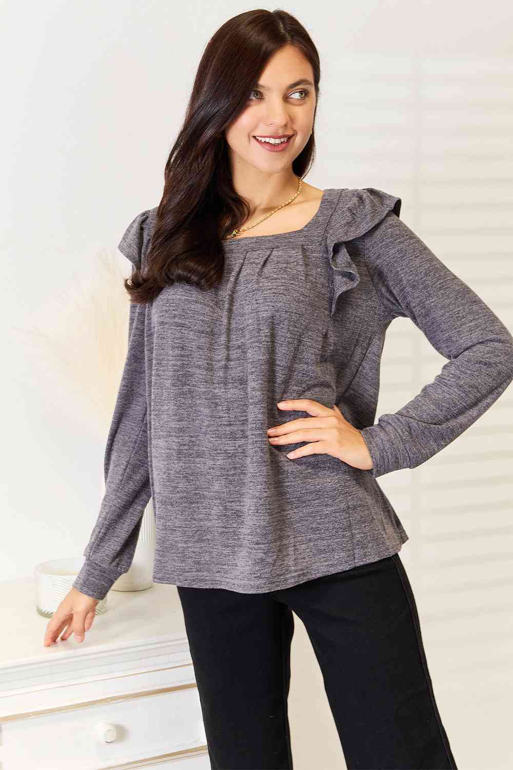 Double Take Square Neck Ruffle Shoulder Long Sleeve T-Shirt 