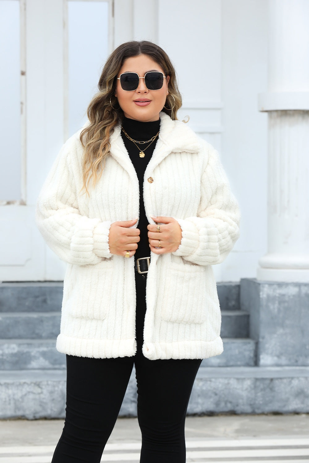 Plus Size Fuzzy Collared Neck Long Sleeve Jacket 