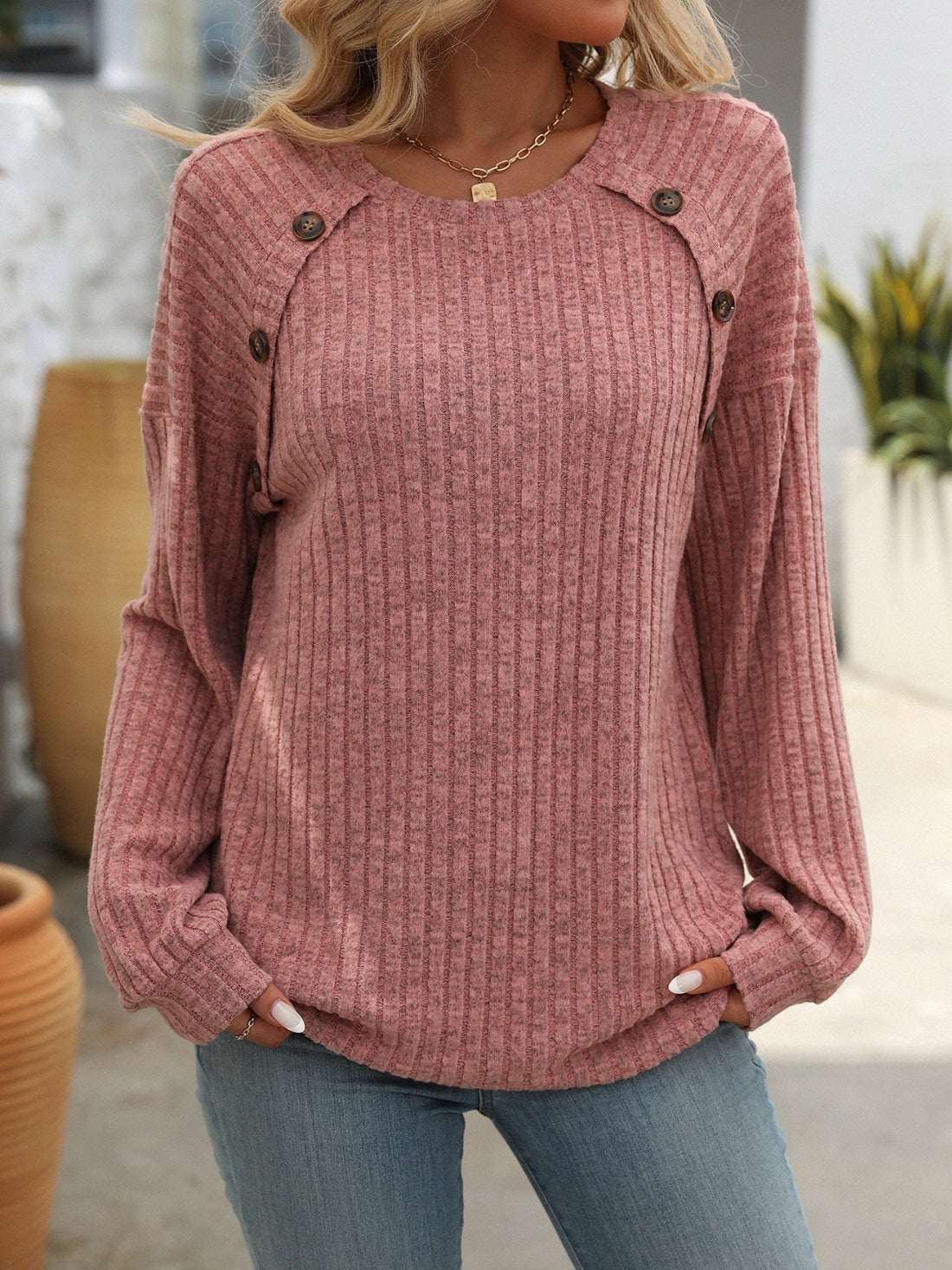 Mandy Decor Button Long Sleeve Ribbed T-Shirt 