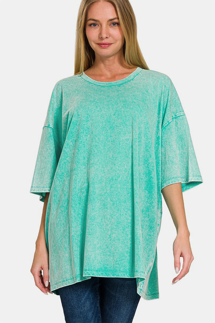 Zenana Full Size Washed Round Neck Drop Shoulder Oversized T-Shirt 