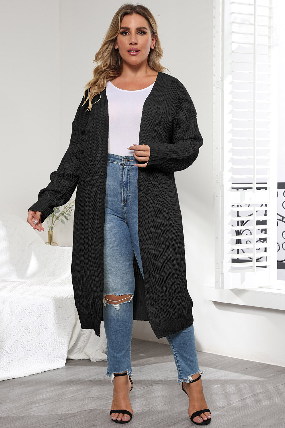Plus Size Open Front Long Sleeve Cardigan 