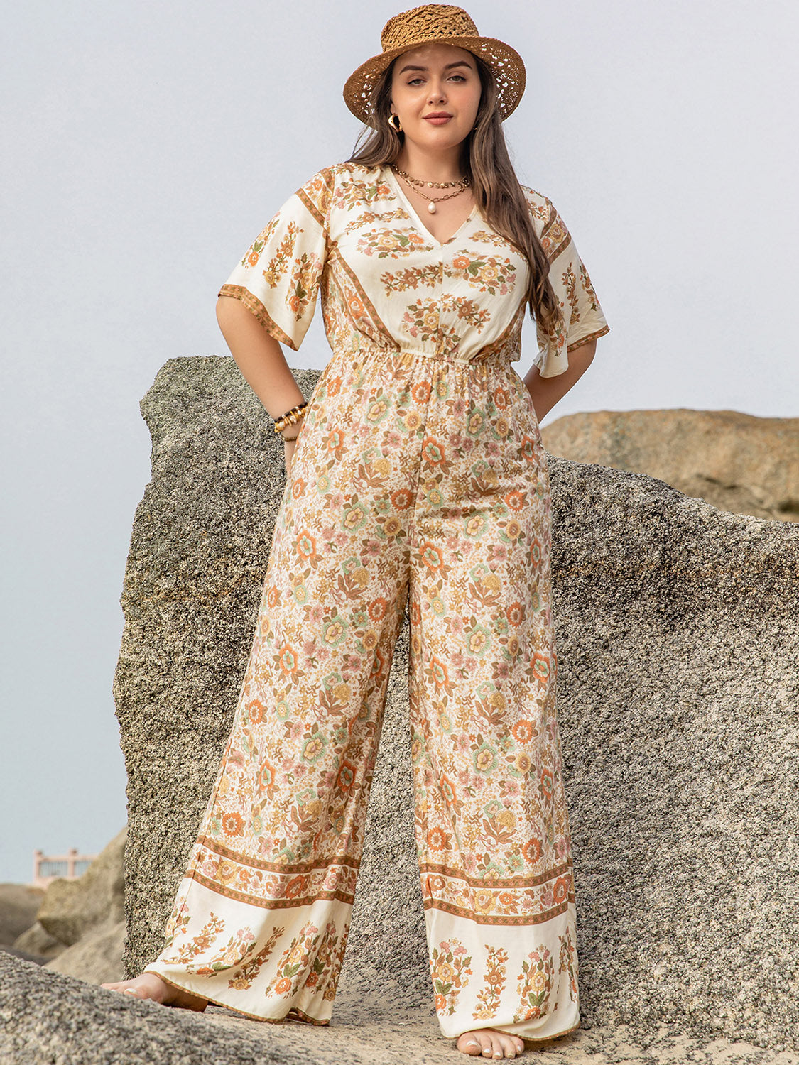 Plus Size V-Neck Flutter Sleeve Wide Leg Jumpsuit 