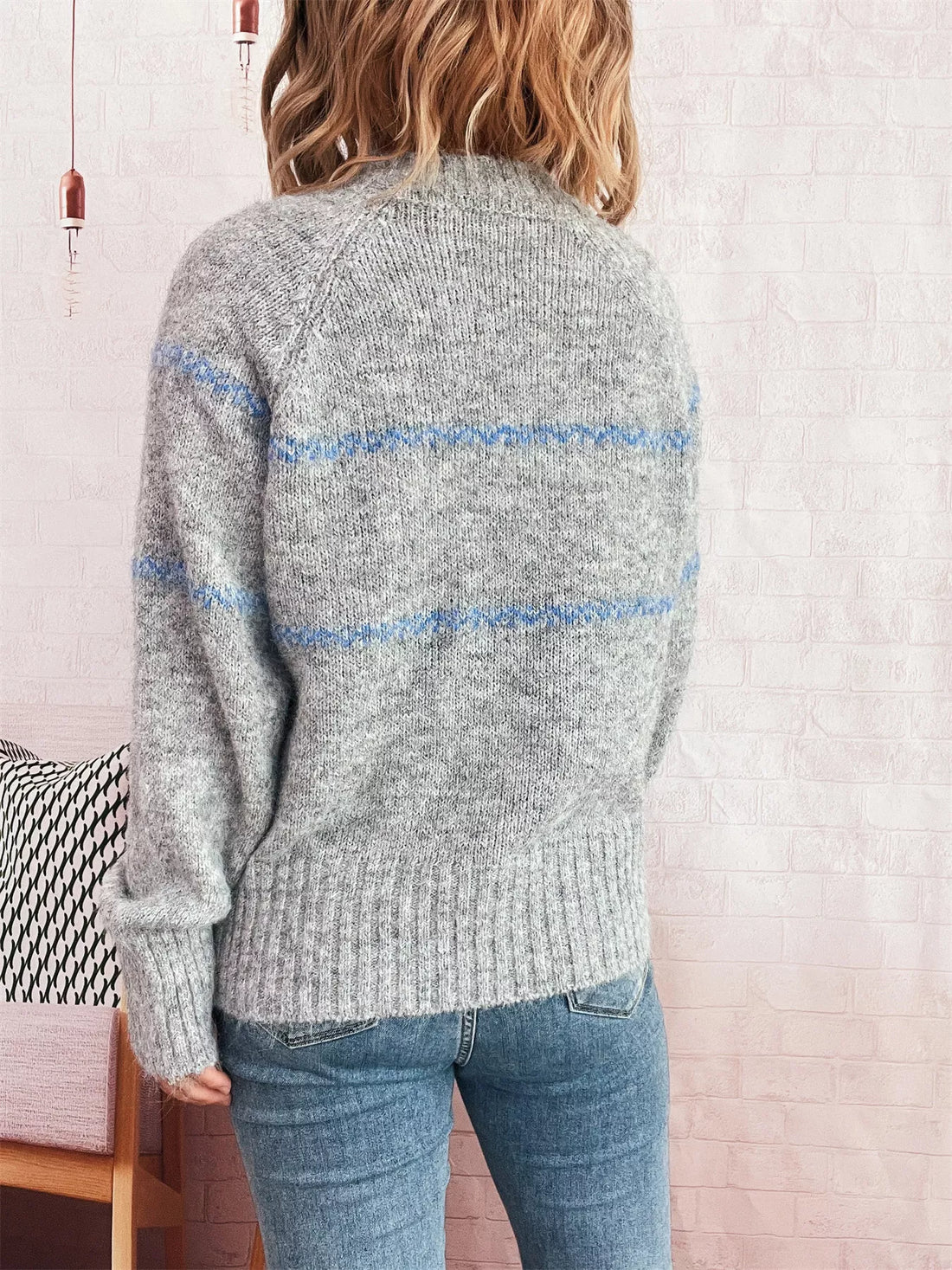 Ribbed Hem Flower Long Sleeve Sweater 