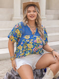 Plus Size Printed Notched Short Sleeve Blouse 