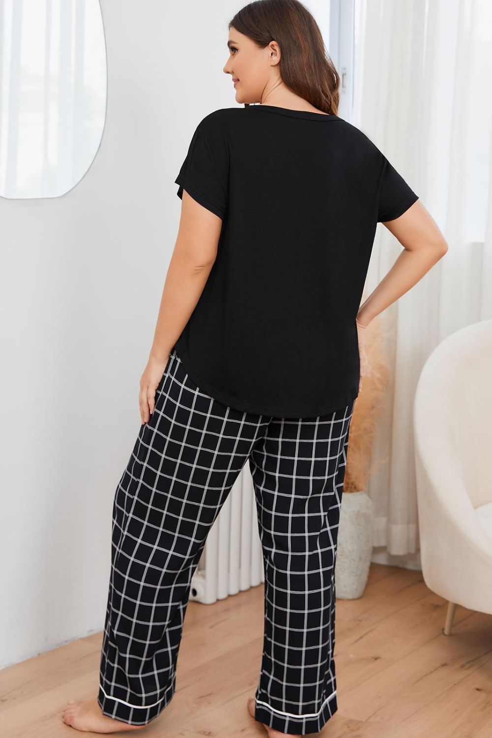 Plus Size V-Neck Top and Plaid Pants Lounge Set 