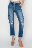 RISEN Full Size High Rise Cargo Ankle Roll Up Straight Jeans 