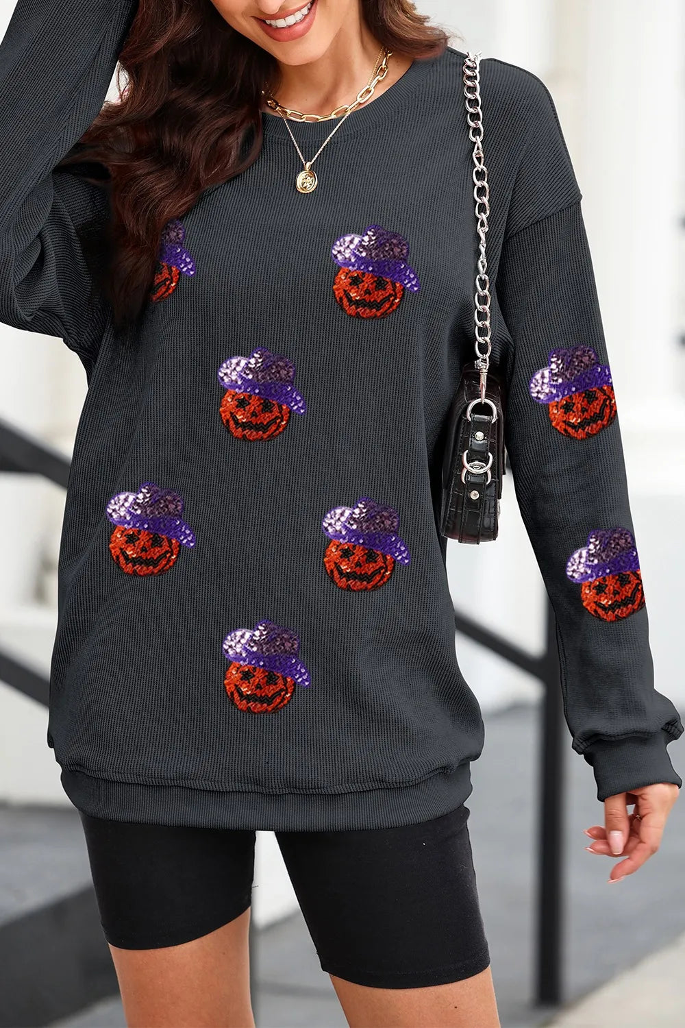 Sequin Pumpkin Long Sleeve Sweatshirt 