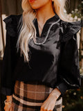 Ruffled Notched Long Sleeve Blouse 