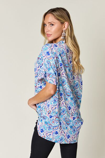 Double Take Full Size Printed V-Neck Short Sleeve Blouse 