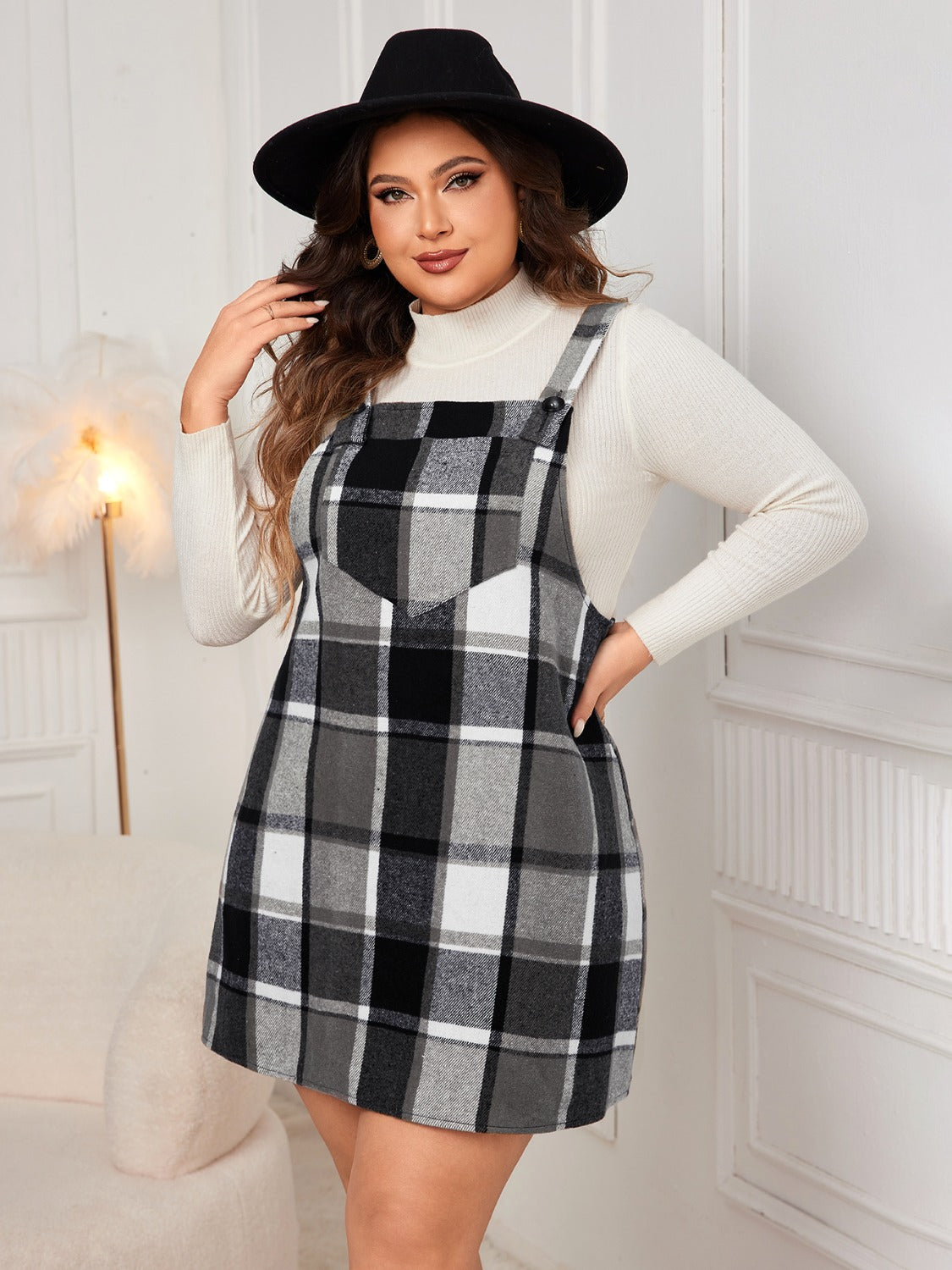 Honey Plus Size Plaid Wide Strap Overall Dress 