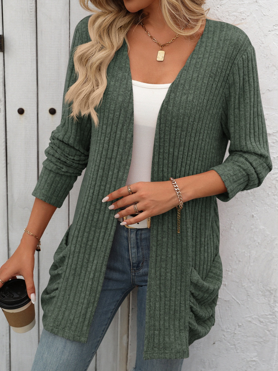 Mandy Open Front Long Sleeve Ribbed Cardigan 